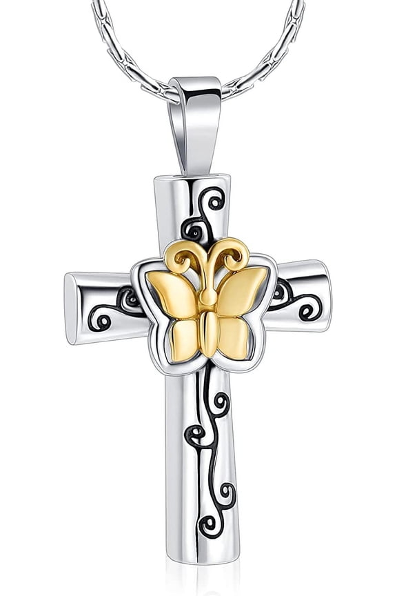 Cross Urn Necklace for Ashes Butterfly Cross Cremation Necklace for Women Pets Cremation Jewelry for Women Memorial Ash Holder Pendant Funeral Keepsake Gift