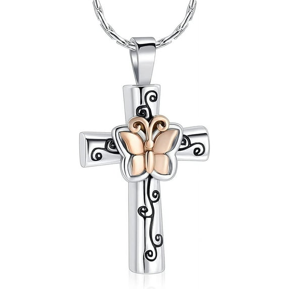 Cross Urn Necklace for Ashes Butterfly Cross Cremation Necklace for Women Pets Cremation Jewelry for Women Memorial Ash Holder Pendant Funeral Keepsake Gift