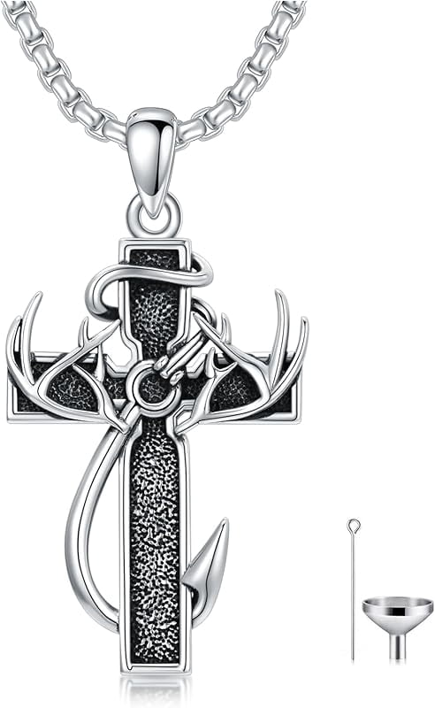 Cross Urn Necklace for Ashes Fish Hook Antler Cremation Pendant 925 Sterling Silver Nail Cross Memorial Jewelry Engraving Name Keepsake Gifts for Men Dad Husband