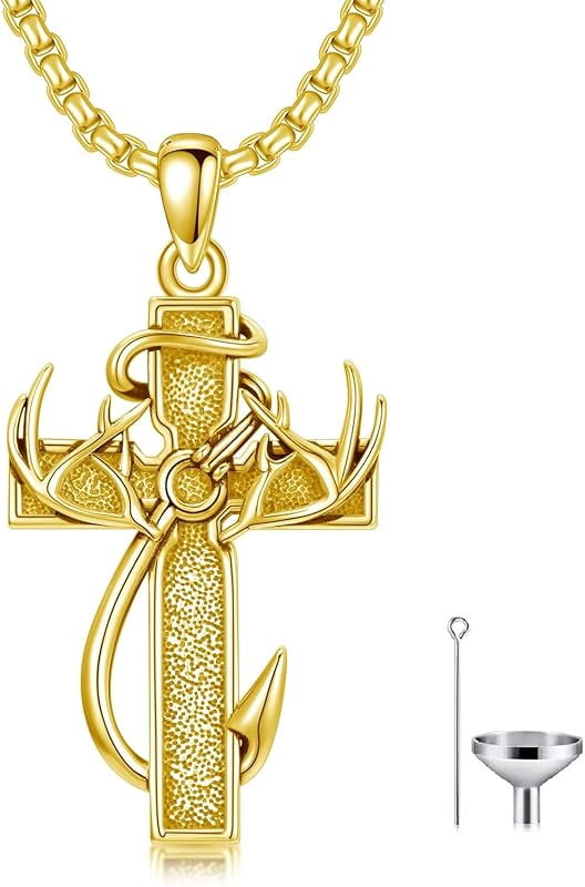 Cross Urn Necklace for Ashes Fish Hook Antler Cremation Pendant 925 Sterling Silver Nail Cross Memorial Jewelry Engraving Name Keepsake Gifts for Men Dad Husband