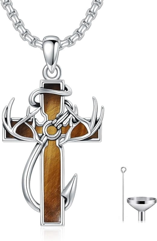 Cross Urn Necklace for Ashes Fish Hook Antler Cremation Pendant 925 Sterling Silver Nail Cross Memorial Jewelry Engraving Name Keepsake Gifts for Men Dad Husband