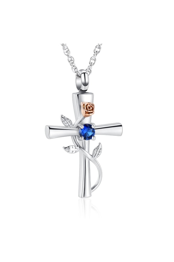 Cross Urn Necklace for Ashes Birthstone Rose Flower Cremation Jewelry for Ashes Loved One Keepsake Memorial Ashes Pendant