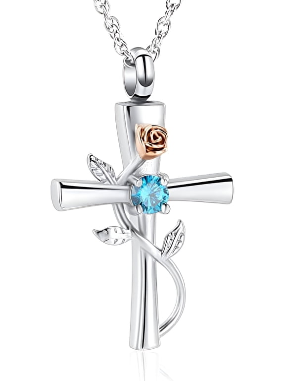 Cross Urn Necklace for Ashes Birthstone Rose Flower Cremation Jewelry for Women Gilrs Keepsake Memorial Ashes Pendant