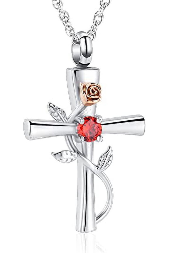 Cross Urn Necklace for Ashes Birthstone Rose Flower Cremation Jewelry for Women Gilrs Keepsake Memorial Ashes Pendant