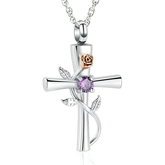 Cross Urn Necklace for Ashes Birthstone Rose Flower Cremation Jewelry for Women Gilrs Keepsake Memorial Ashes Pendant