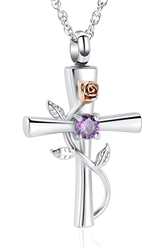 Cross Urn Necklace for Ashes Birthstone Rose Flower Cremation Jewelry for Women Gilrs Keepsake Memorial Ashes Pendant