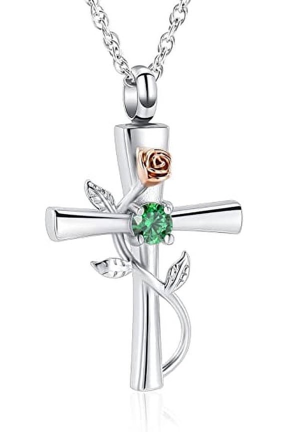 Cross Urn Necklace for Ashes Birthstone Rose Flower Cremation Jewelry for Women Gilrs Keepsake Memorial Ashes Pendant
