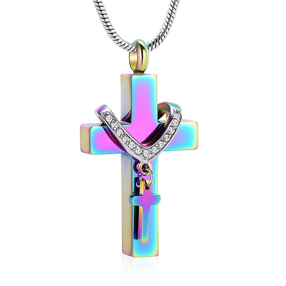 Cross Urn Necklace for Ashes,Stainless Steel Cross Memorial Cremation Ashes Urn Pendant Necklace Keepsake Jewelry Urn(Colorful)