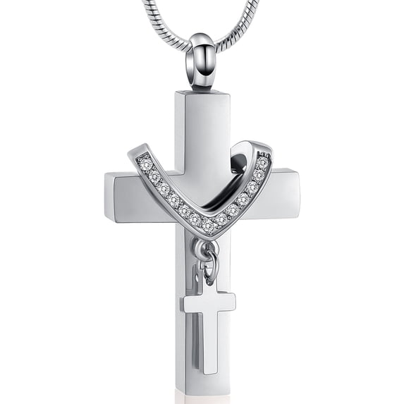 Cross Urn Necklace for Ashes, Stainless Steel Cross Memorial Cremation Ashes Urn Pendant Necklace Keepsake Jewelry Urn(Silver)