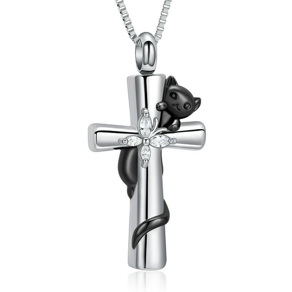 Cross Urn Necklaces for Ashes for Women Men Cute Cat Cremation Pendant Necklace Stainless Steel Memorial Gift