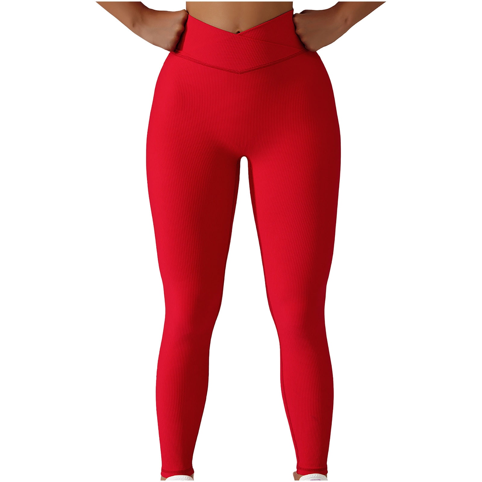Cross Waist Ribbed Yoga Leggings for Women Non See-Through Crossover Sports  Gym Workout Running Yoga Pants