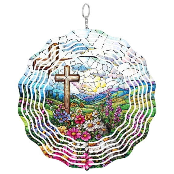 Cross Wildflower 3D Wind Spinner Kinetic Stainless Steel Christian Yard Decor