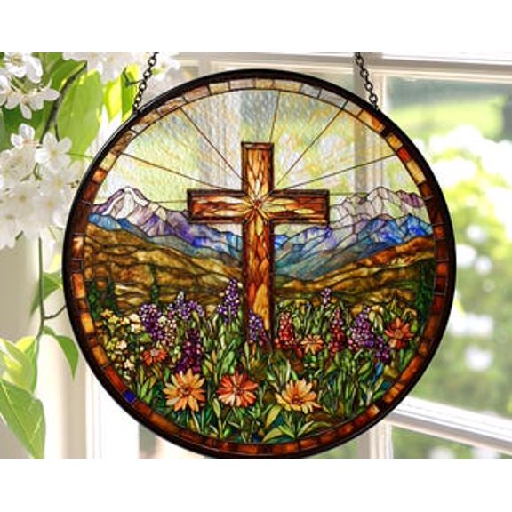 Cross Wildflower Glass Suncatcher Round Christian Window Hanging, 3.5 in
