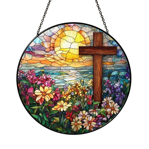Cross Wildflower Window Suncatcher with Stained Glass Effect, Decorative Religious Window Art with Floral Pattern and Nature Elements