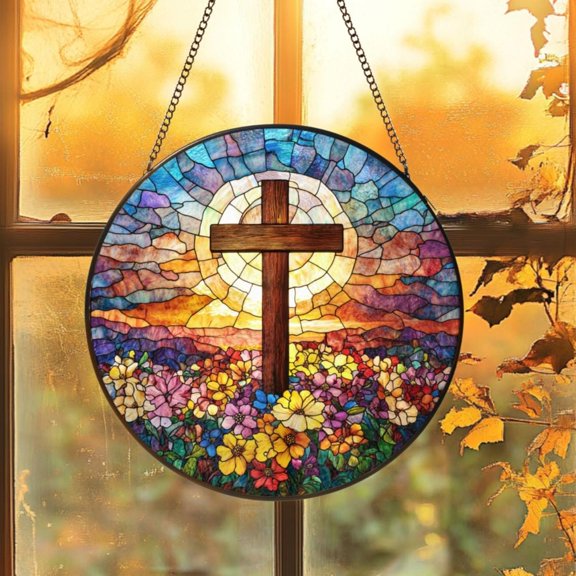 Cross Wildflowers Faux Stained Glass Acrylic Suncatcher, Window Hanging Decor, Christian Faith Gift