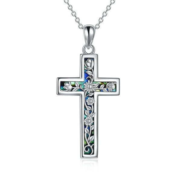 Cross With Flower Necklace 925 Sterling Silver Pendant Necklace 18"