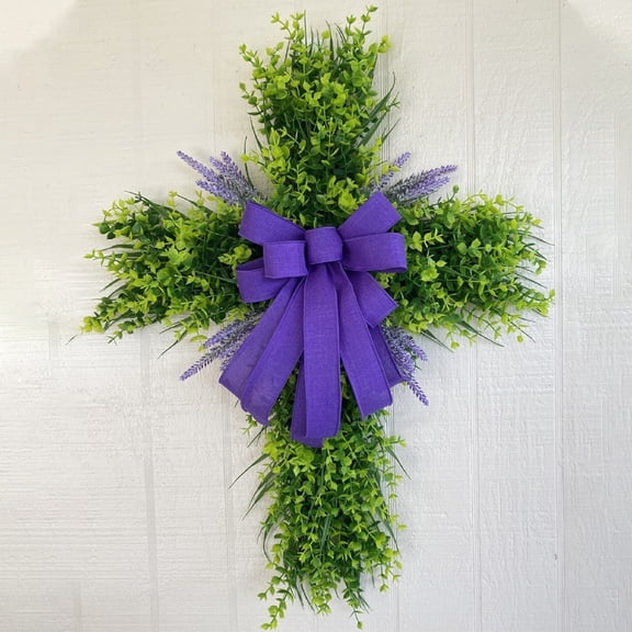 Cross Wreath Door Hanging Decor, 20X12 Inch Artificial Greenery Cross Wreath With Purple Bow, 1Pc For Home Wall And Entryway Decoration