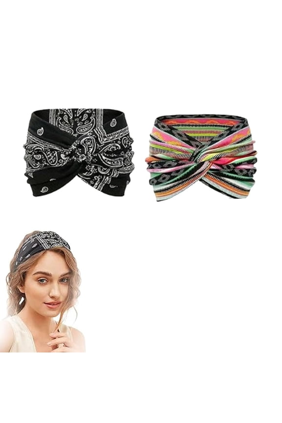 Cross Yoga Headbands for Women, Printed Cross Yoga Headbands for Women, Boho Style & Paisley Print Hair Band Wide Elastic Hair Band