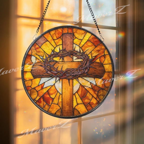 Cross and Crown of Thorns Glass Suncatcher, Round Christian Window Panel, Easter, 6.3 in