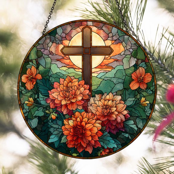 Cross and Dahlia Glass Suncatcher, Spiritual Sunburst Window Art, Religious Home Decor, 3.5 in