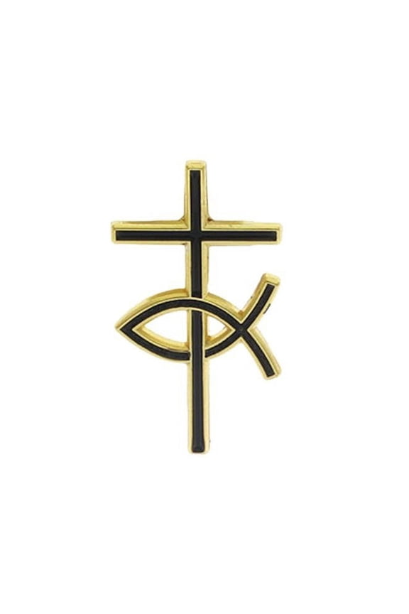 Cross and Fish Pin Gold Plated Enamel Accent Christian Pin