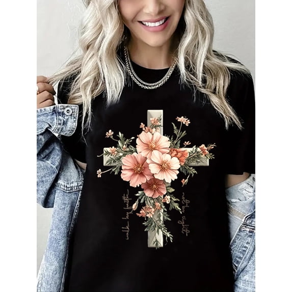 Cross and Floral Motif Christian Shirts for Women Black One-Piece