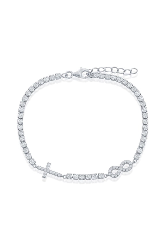 Cross and Infinity Design with Simulated Diamond CZ 7.25+1” Tennis Bracelet | Sterling Silver Jewelry for Women or Teens