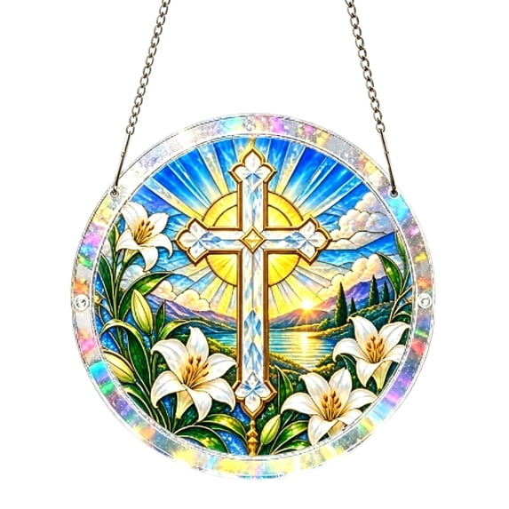 Cross and Lily DIY Acrylic Puzzle Suncatcher Religious Window Hanging Decoration - 7.87 Inch D