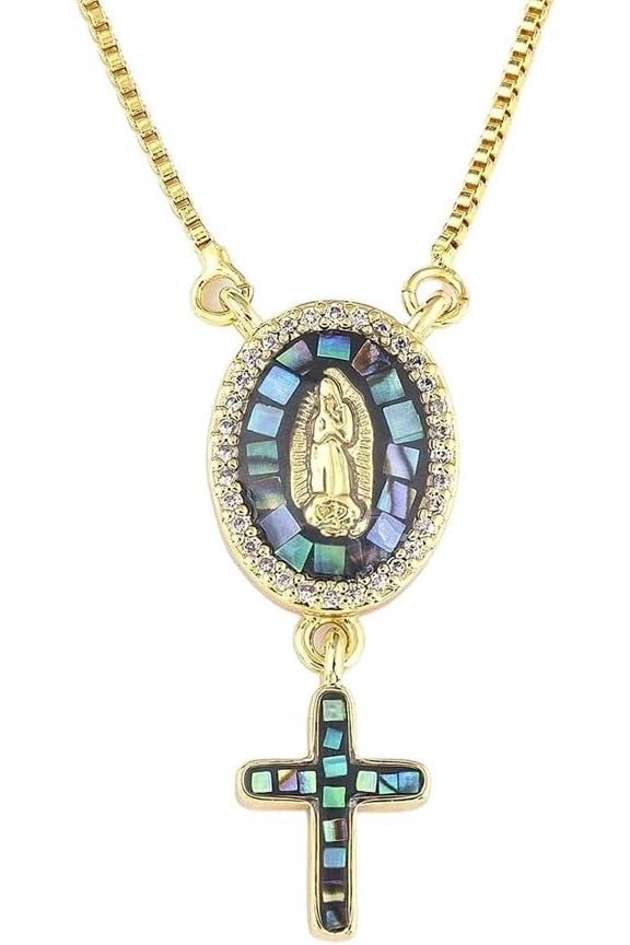 Cross and Mary Scapular Necklace,Pearl Shell Scapular Gold Plated Faith Necklace for Women