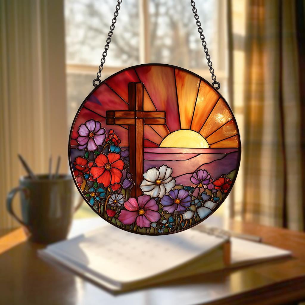 Cross and Wild Flower Acrylic Suncatcher, Cross Sunset Window Glass ...