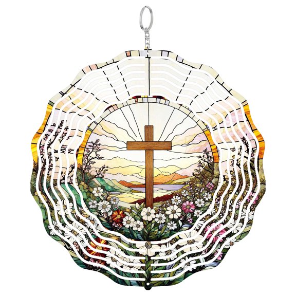 Cross and Wildflowers Metal Wind Spinner, Christian Faith Decor