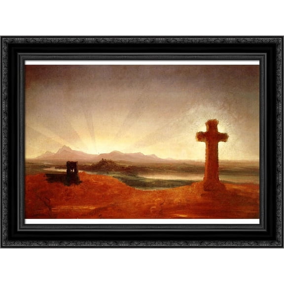 Cross at Sunset 24x18 Black Ornate Wood Framed Canvas Art by Cole, Thomas