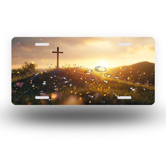 Cross at Sunset with Glow Front License Plate, Funny Standard Plates Personalized Novelty Decorative For Men/Women/Boys/Girls Car 6×12 Inch
