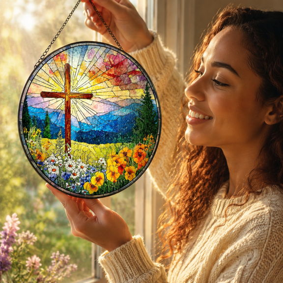 Cross-b Stained Glass Sun Catcher 8 Inch Indoor Home Decor