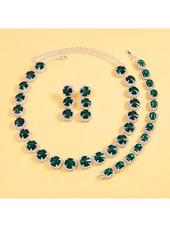 Cross-border Bestseller Vintage Green Necklace, Earrings, and Bracelet Jewelry Set Women's High-End Bridal Wedding Three-Piece Accessory Set