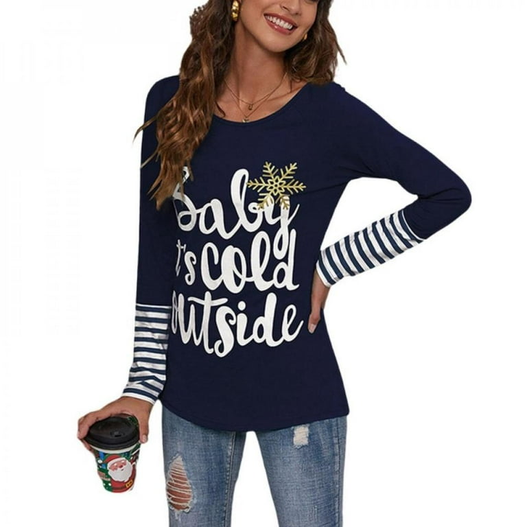 Cross-border Christmas Popular European And American Women's Round Neck  Letters Printed Long-sleeved T-shirt