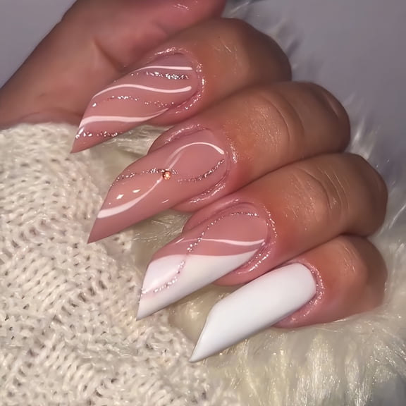 Cross-border European and American hot-selling pink white nude high-end design flash stripe nail art lipstick type long finished product wholesale