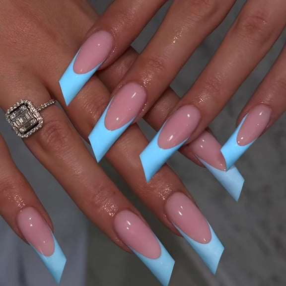 Cross-border European and American hot-selling simple solid color blue edge high-end design nail art lipstick type long fake nail wholesale