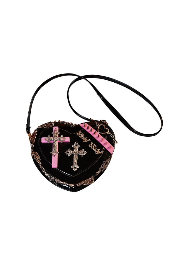 Cross-border Gothic Style Heart Shaped Studded Bag, Black Sweet & Punk Shoulder Bag with Heart and Rivet Details, Small Size Zipper Closure for Alternative Daily Style
