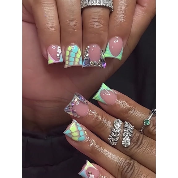 Cross-border Hot Sale Duck Beak False Nails French Marble Plaid Flash Diamond Removable Nail Products Wholesale