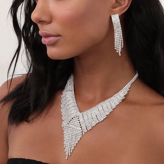 Cross-border New Arrival: Sparkling Fringe Necklace Set Evening Gown Luxury Rhinestone Jewelry Heavy Craftsmanship Light Luxury Accessories for Women