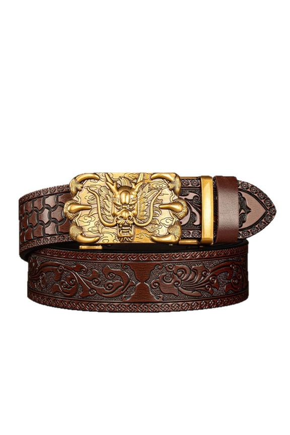 Cross-border domineering Tang grass pattern engraved men's automatic imitation copper buckle belt personalized live broadcast hot-selling six-clawed dragon belt
