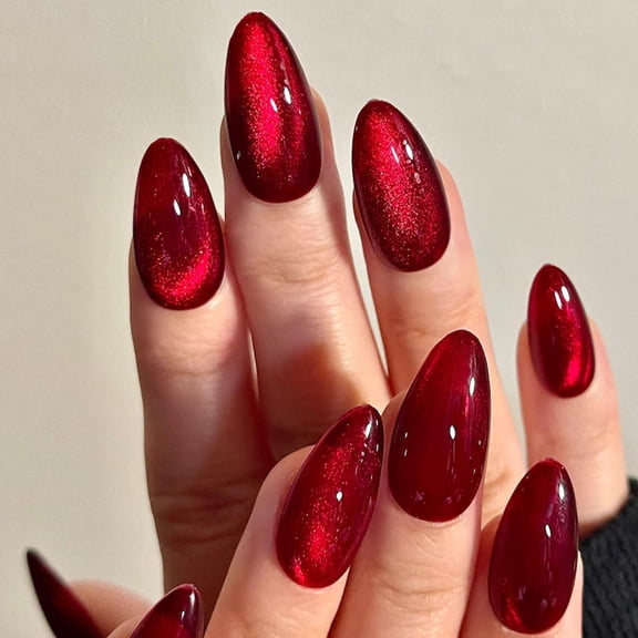 Cross-border explosion Elegant burgundy cat eye white ins European and American style, almond nail medium and long nail art fake nail piece