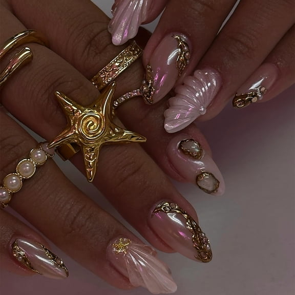 Cross-border foreign trade almond Y2K manicure nail 3D three-dimensional flower pattern gilt shell pattern fake nail patch