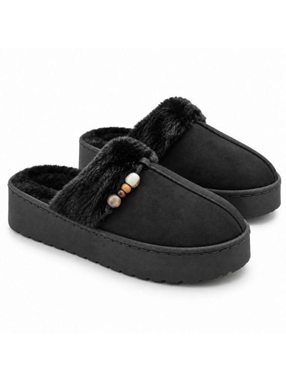 Cross-border foreign trade home black retro beaded bag head Mao Mao drag female autumn and winter new models, thick bottom non-slip velvet warm outer wear cotton drag ethnic style plush half drag