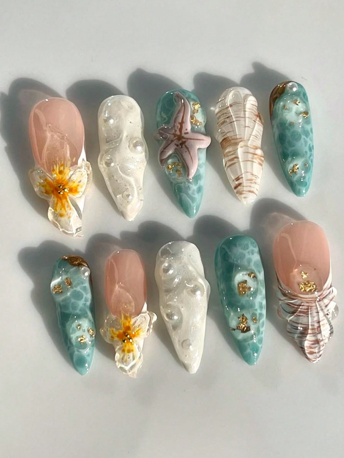 Cross-border hot sale almond fake nails 10pcs ocean wind three-dimensional shell starfish pure pearl embellishment