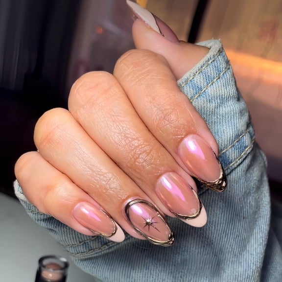 Cross-border hot sale almond fake nails French white edge fashion gold stripe wearing armor detachable finished product wholesale