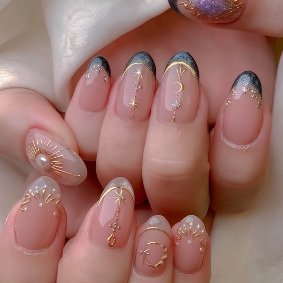 Cross-border hot sale almond fake nails Western style pure desire pearl fashion gold texture striped nail piece
