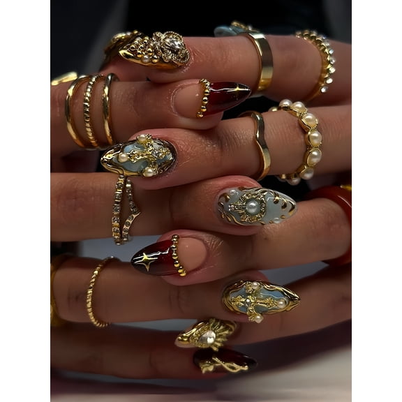 Cross-border hot sale almond fake nails fashion flash diamond sweet cool golden cross three-dimensional texture wearing nail piece