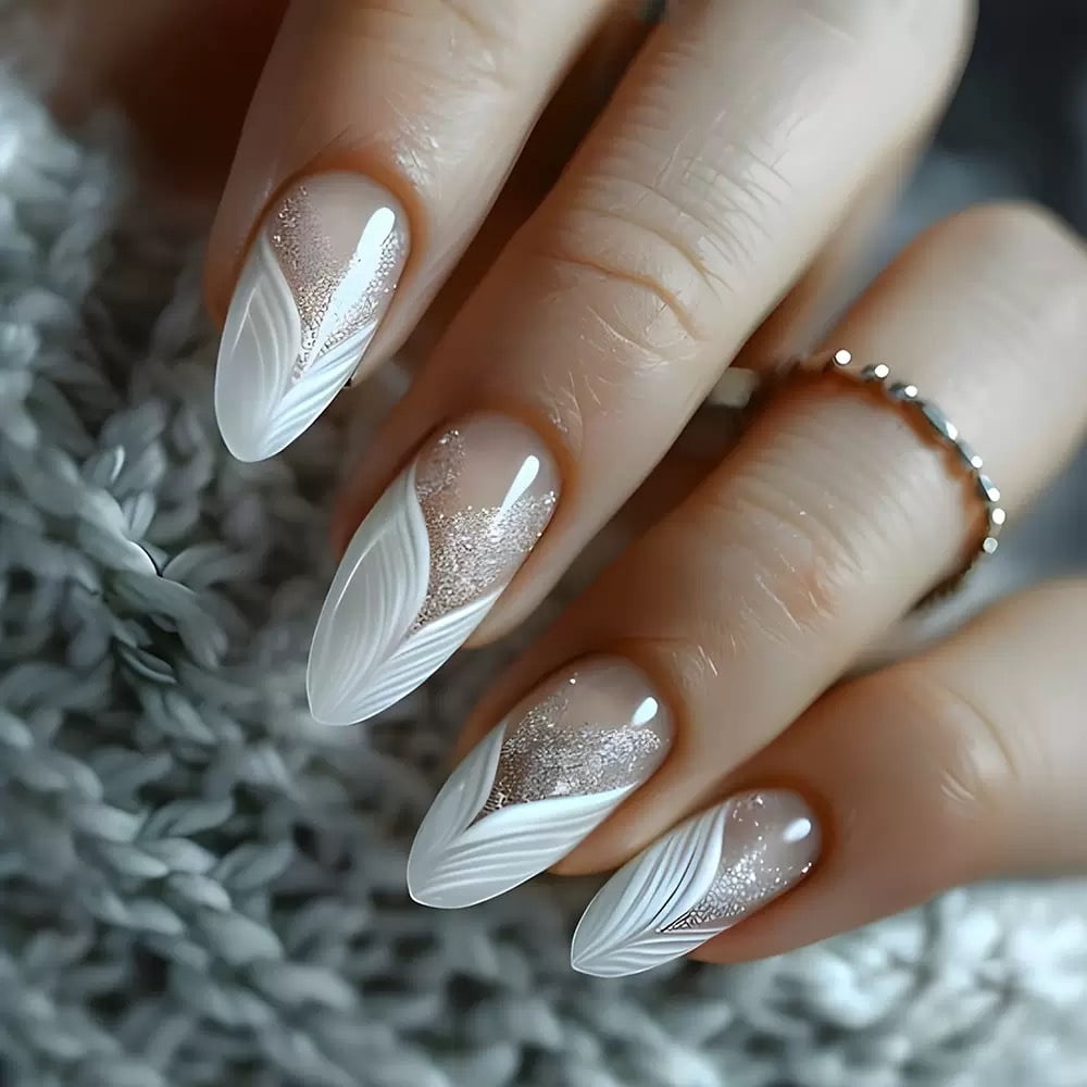Cross-border hot sale almond fake nails ins wind feather graffiti fashion glitter embellishment wearing nail finished product wholesale